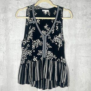 Patrons of Peace - Navy Blue & Cream Striped & Floral Print- Blouse - Small